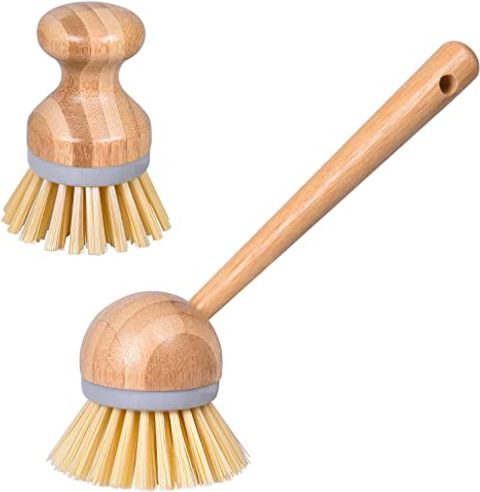 Charlene - Bamboo Dish Brush Set, Scrub Brush with Long Handle, Kitchen Brush Scrubber for Kitchen Cleaning 2-Pack 
