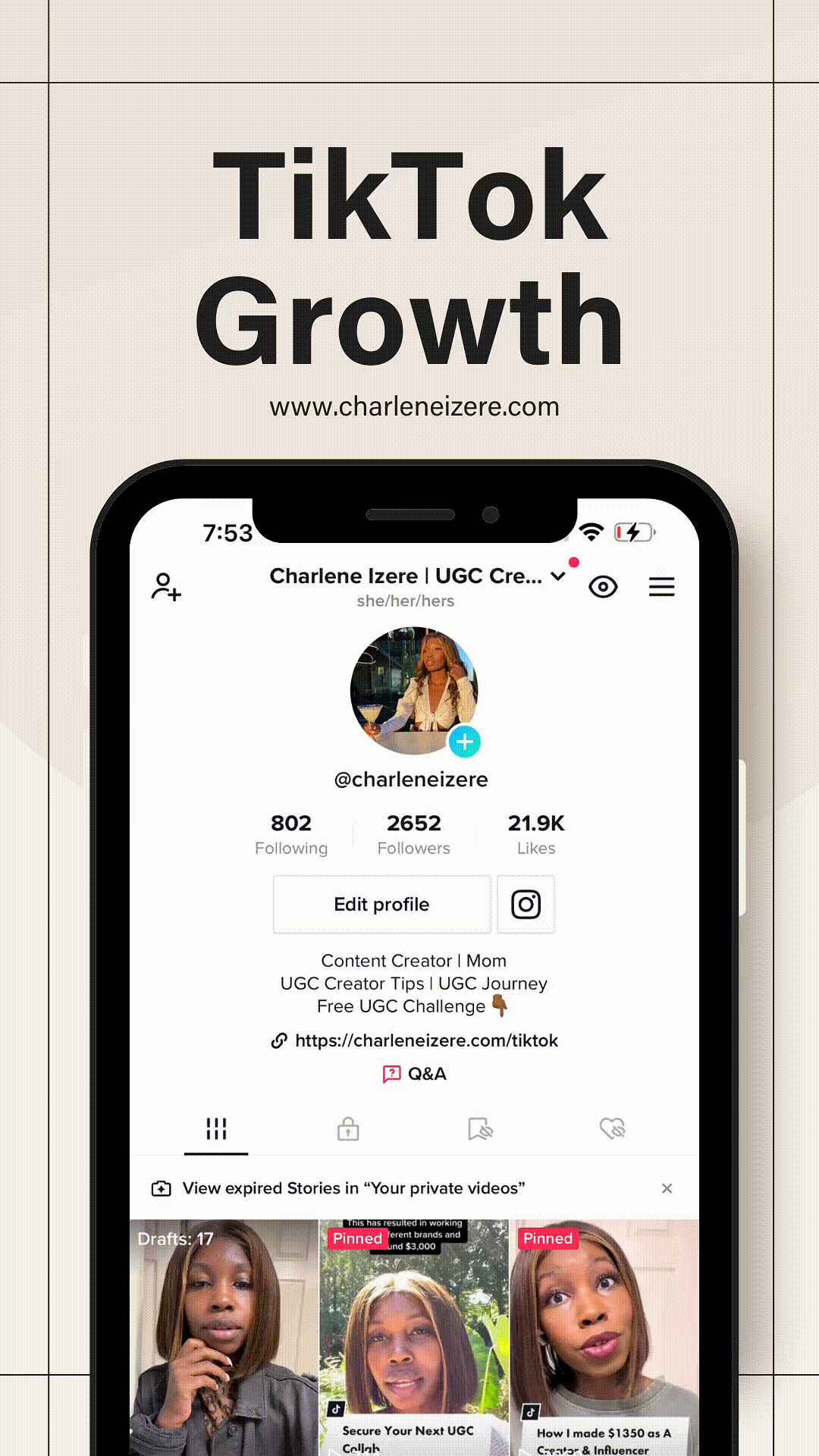 TikTok Growth Screenshots of Charlene Izere's TikTok Account ranging from 2k followers to 136 followers